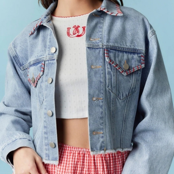 PEACH LOVE ⭐️STAR⭐️ Back Crop Denim Jacket, NWOT, M, Red/Wht/Blue - ADORABLE!! - Picture 4 of 16